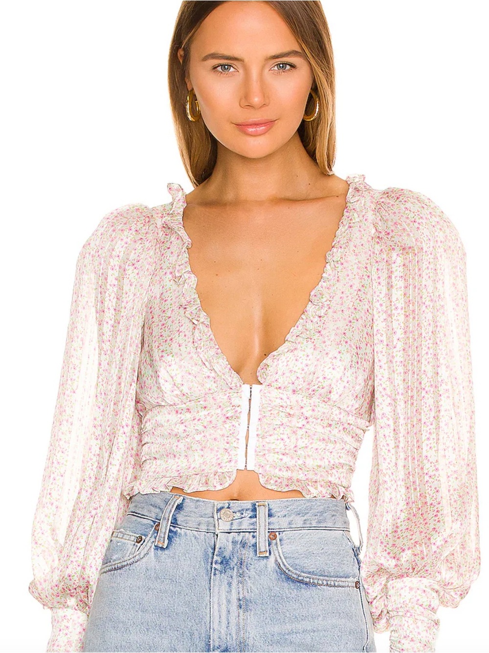 For Love & Lemons White and Pink Floral Cropped Button-Front Top